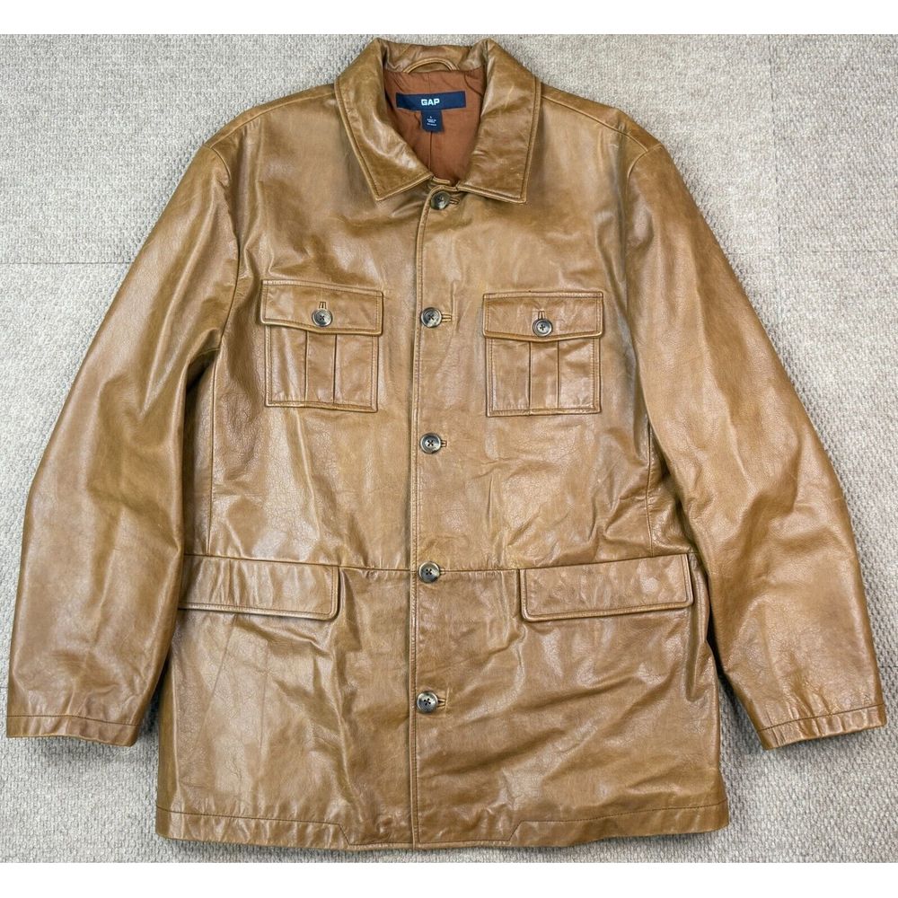 Gap Vintage Men's Brown Button Up Leather Parka Jacket Size Large